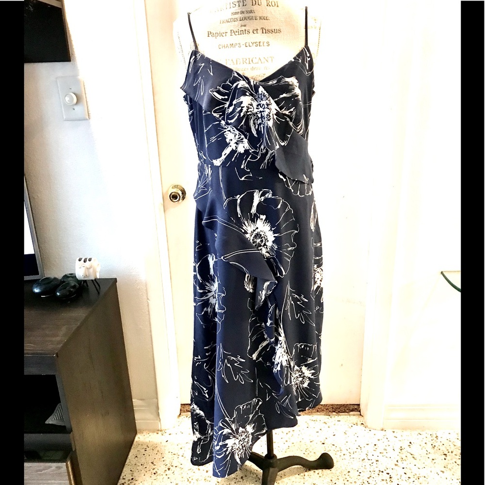 Banana Republic Navy Blue Floral Midi Dress with White Print